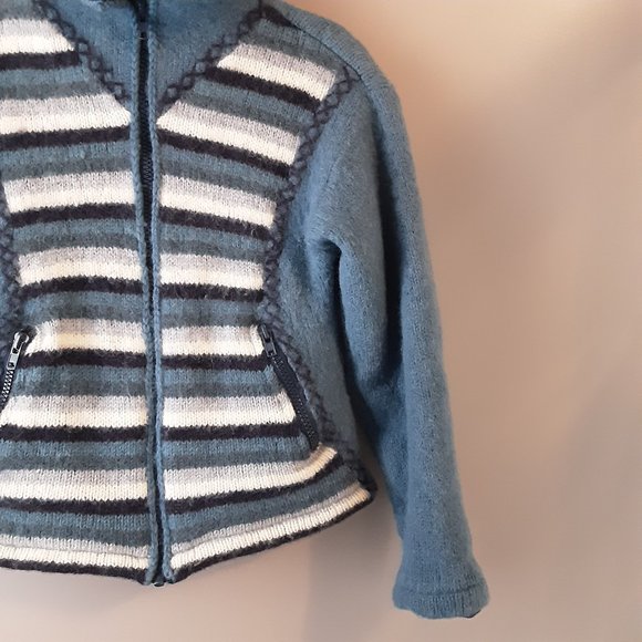 Made in Nepal Polar Fleece Lined Chunky Wool Sweater | Blue White | S-M - Picture 5 of 12